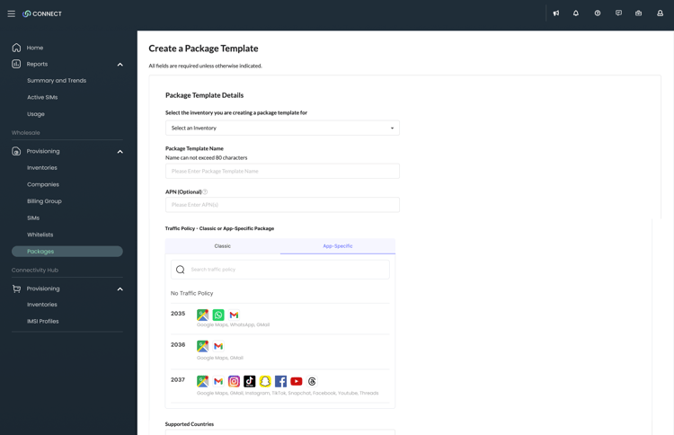 Packages - App-Specific Package - Create Package - Subscribed App-Specific Selected